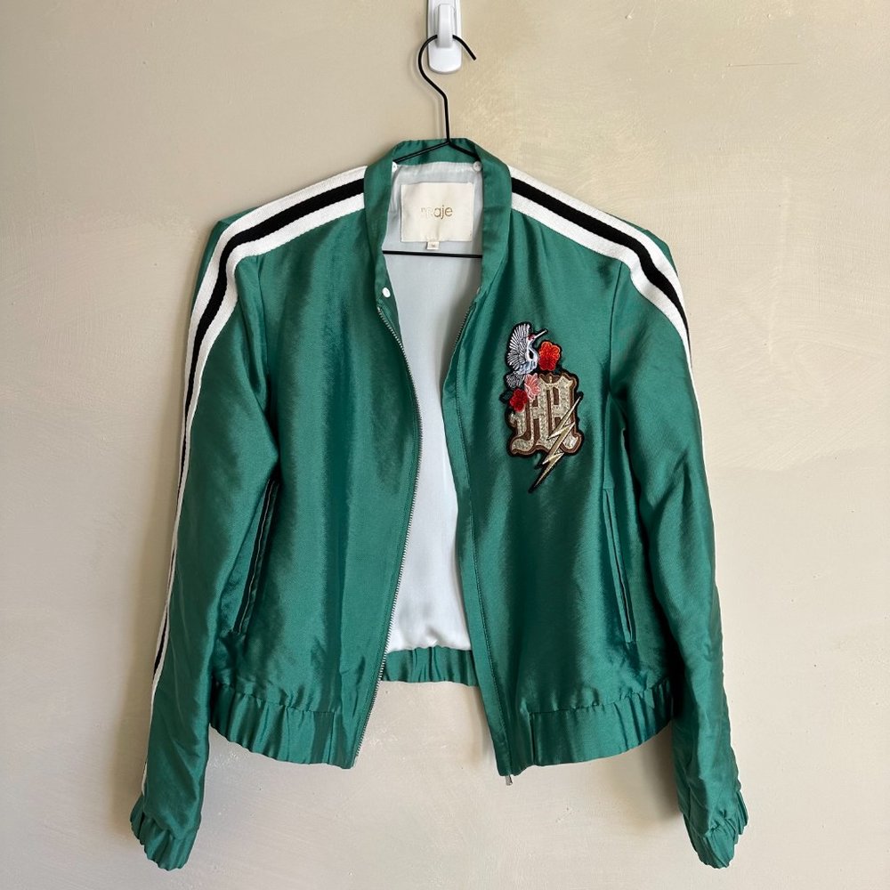 Maje Green Embroidered Print Bomber Jacket SZ 36